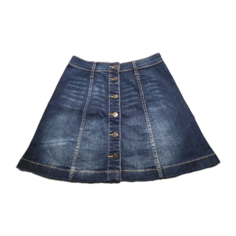 Cello Jeans Button Front Denim Mini Skirt A-Line Dark Wash Stretch Womens 27